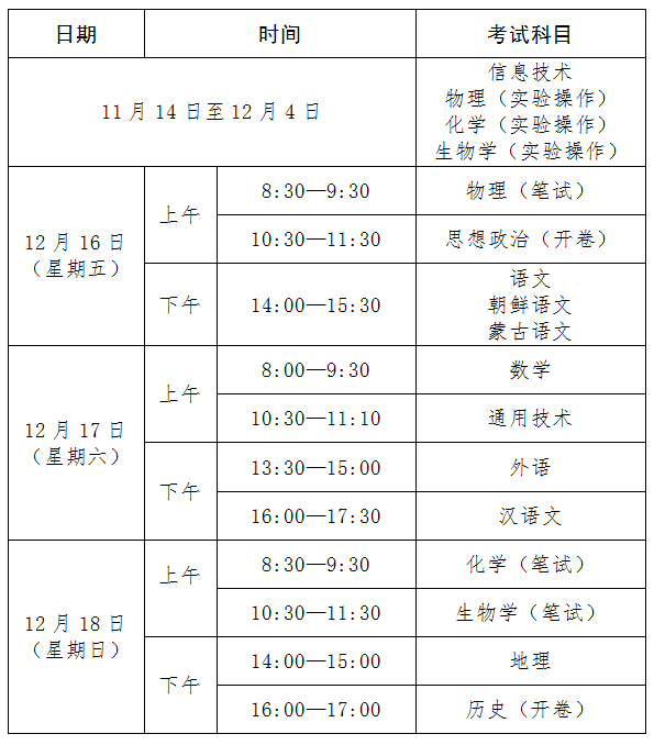 2022年下半年吉林高中学业水平合格性考试日程表