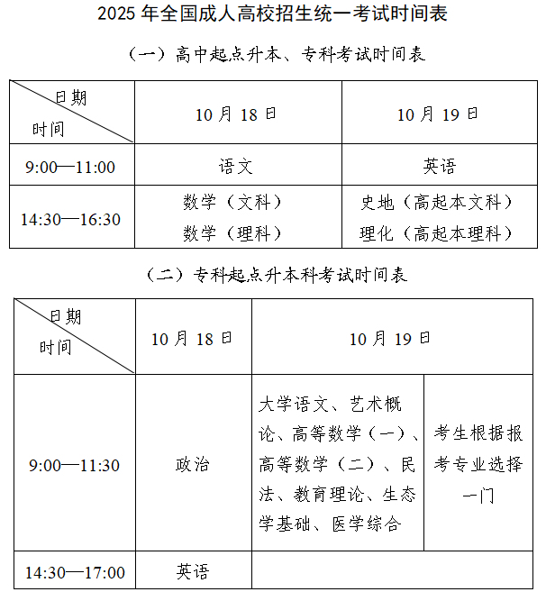 北京2025成人高考考试时间及考试科目